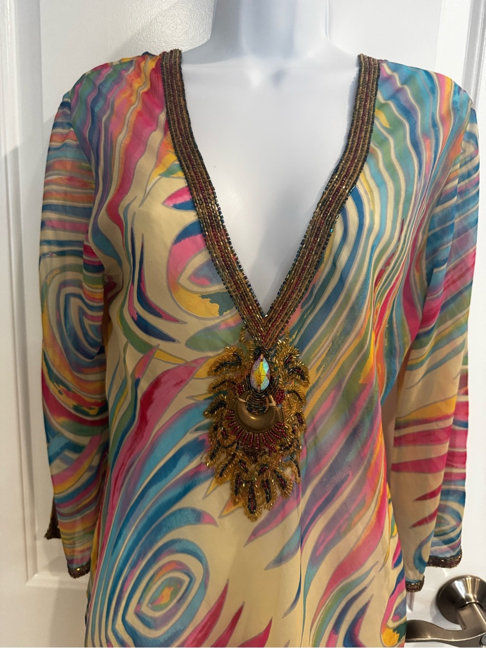 Embellished Multicolor V-Neck Swirl Print cover up  Tunic - Yellow Base - Picture 3 of 7